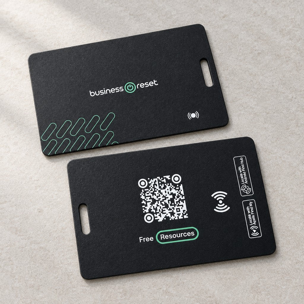 Custom-branded Locatr tracking cards made for Business Reset, front and back