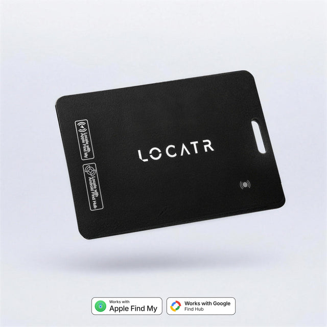 The black Locatr Signature Tracking Card, with Apple Find My and Google Find Hub badges